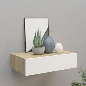 vidaXL Estante Con Cajón De Pared Mdf Roble Y Blanco 40x23.5x10 Cm