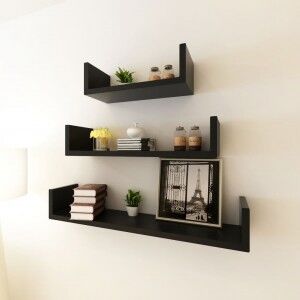 vidaXL 3 Estanterías Negras En Forma De U Mdf Suspendidas Para Libros/dvd