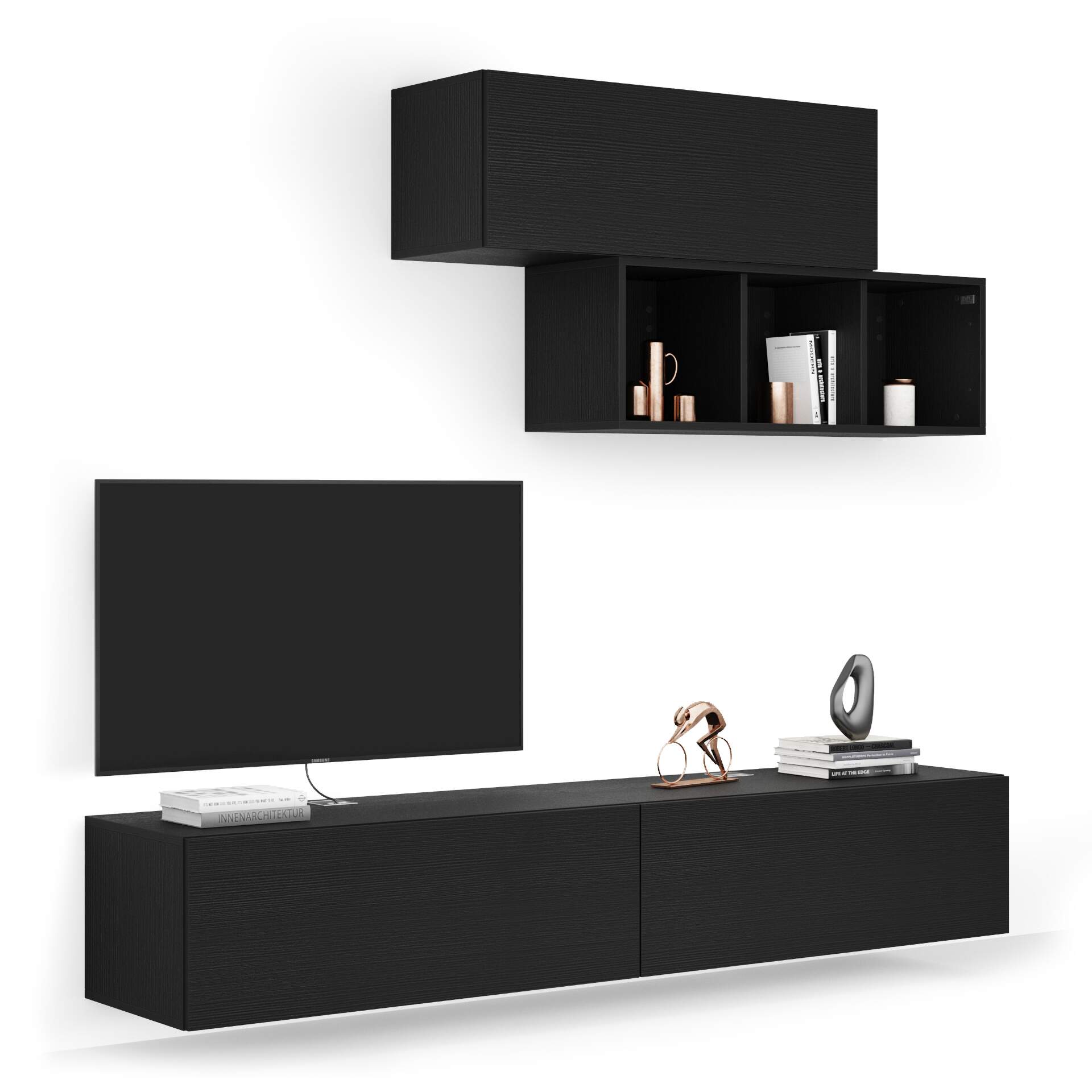 Mobili Fiver Composición de pared Easy para salón 3, color madera negra, 208x44x185 cm