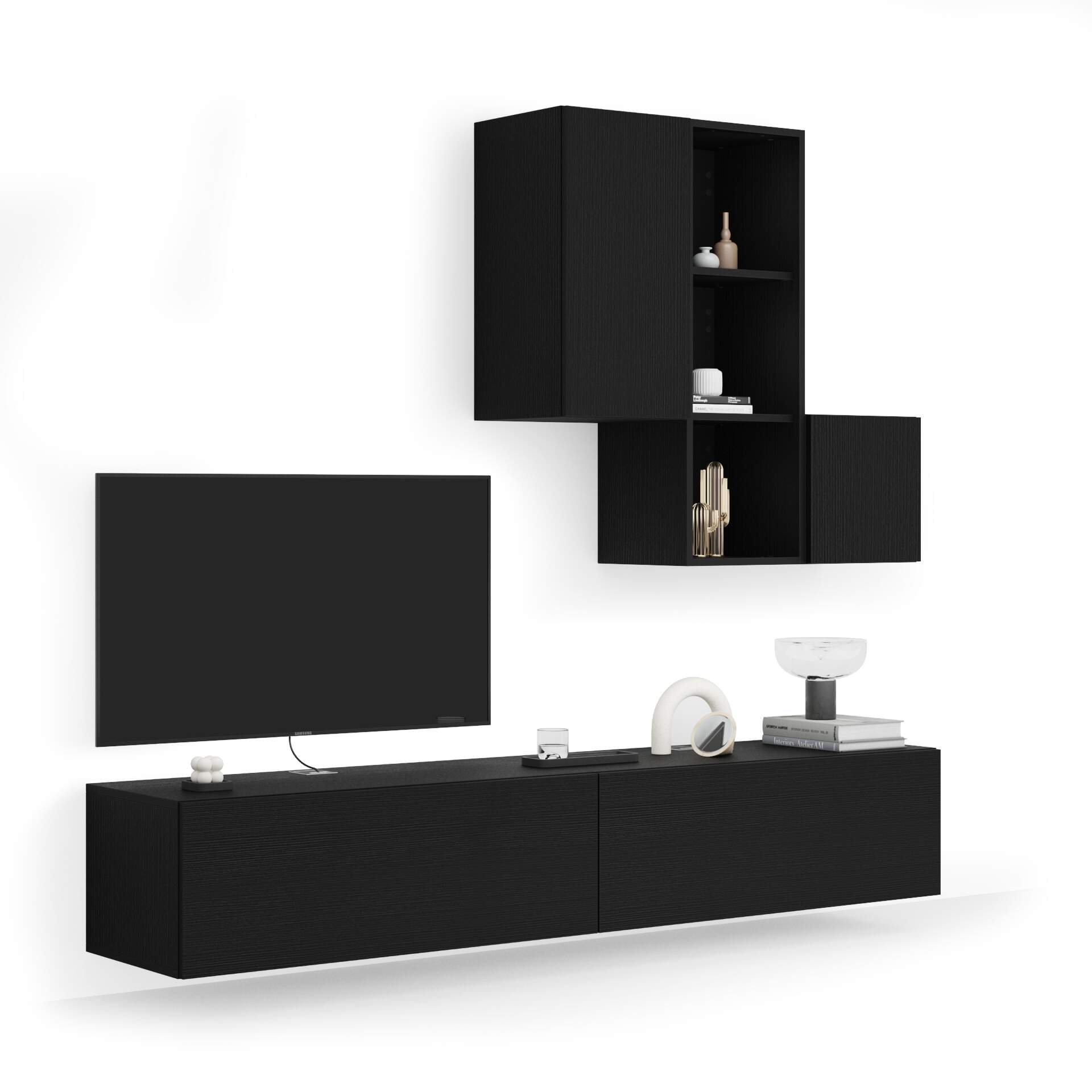 Mobili Fiver Composición de pared Easy para salón 5, color madera negra, 208x44x185 cm
