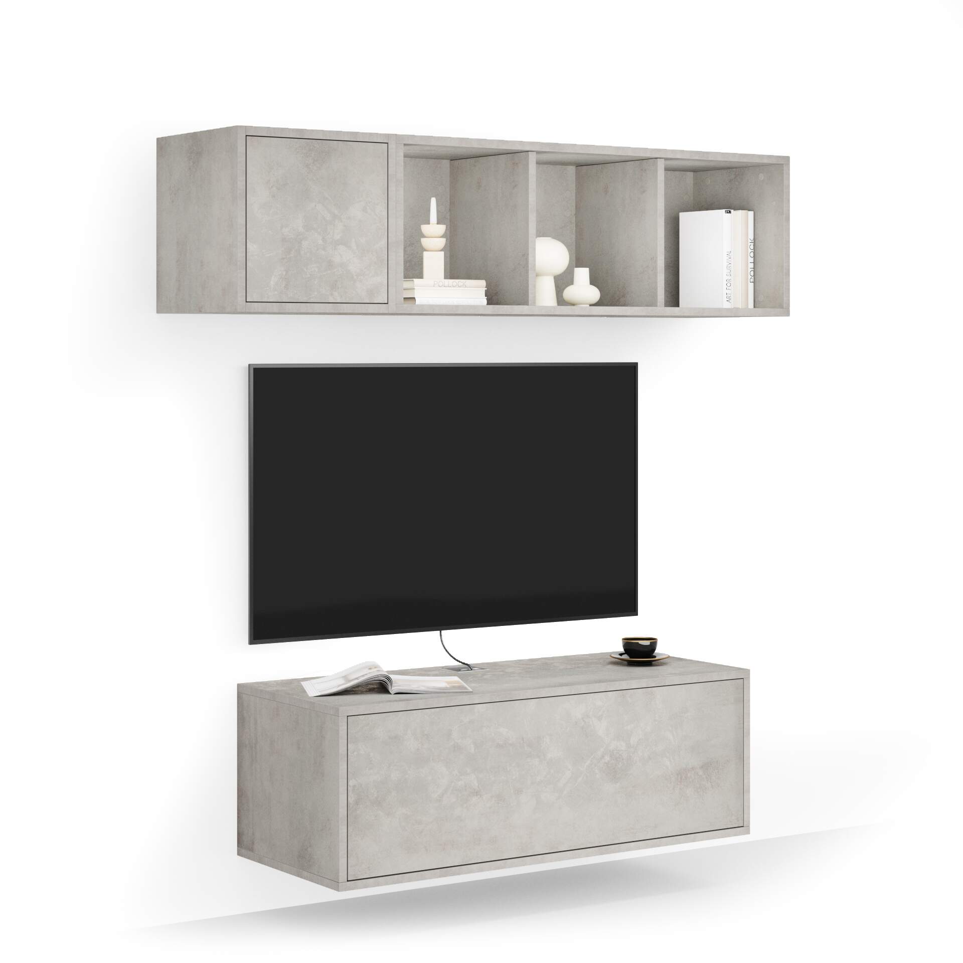 Mobili Fiver Composición de pared Iacopo para salón 3, color cemento gris, 140x42x150 cm