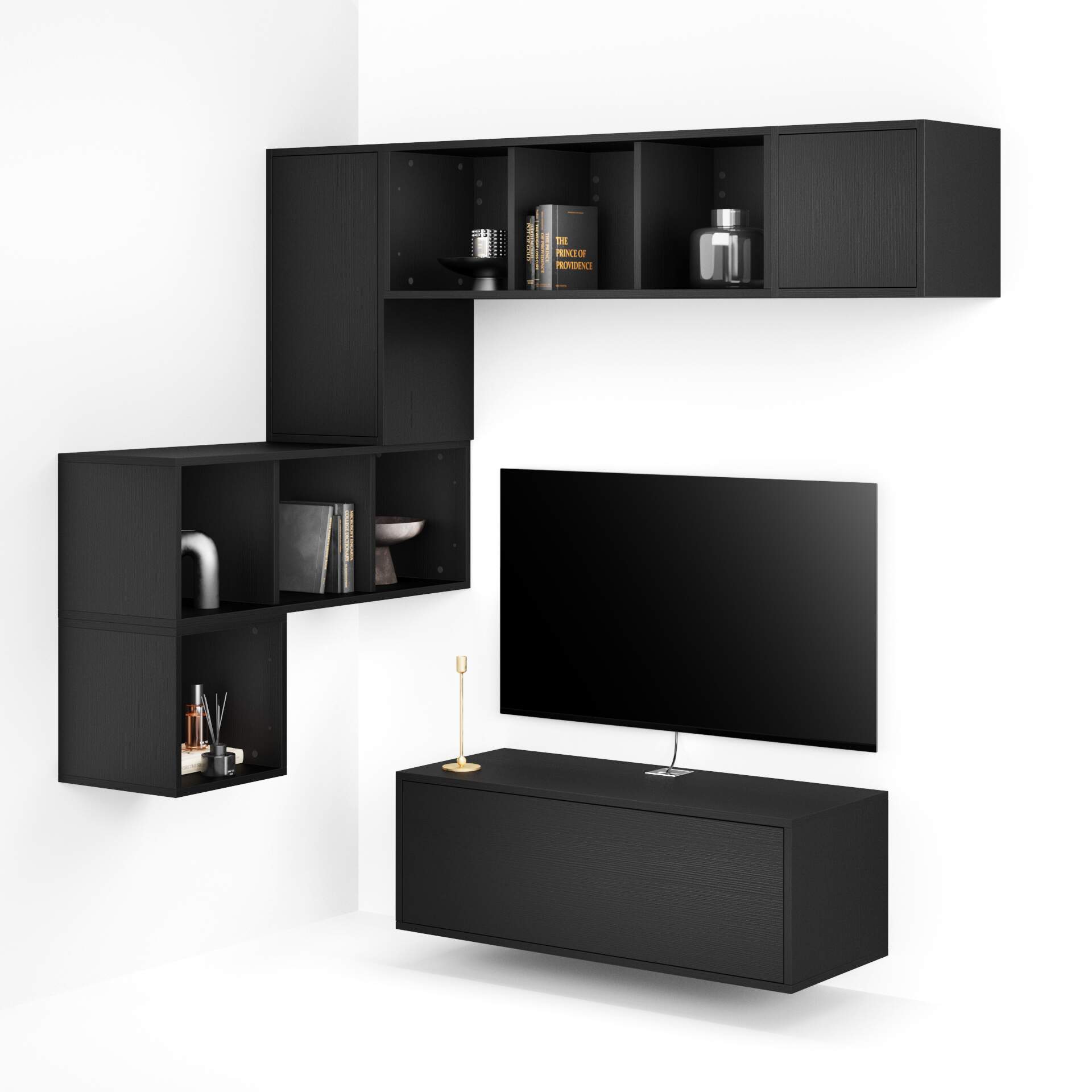 Mobili Fiver Composición de pared Iacopo para salón 9, color madera negra, 280x42x188 cm