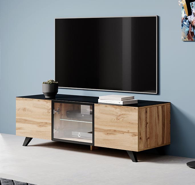 Mueble TV Viena (150x47cm) color roble wotan y negro con LED