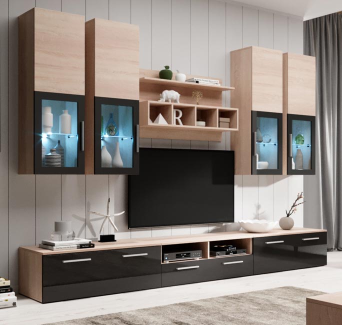 Mueble de salon modelo Acosta color sonoma y negro (3 m)