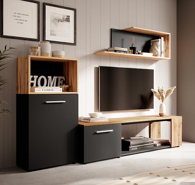 Mueble de salón modelo Romina color negro y roble (2m)