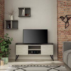 Toscohome Meuble TV en bois 125cm avec 2 portes en blanc vintage et anthracite - Klappe