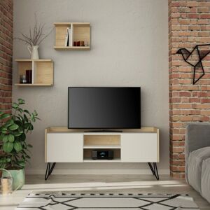 Toscohome Meuble TV en bois 125cm avec 2 portes en blanc et chêne - Klappe