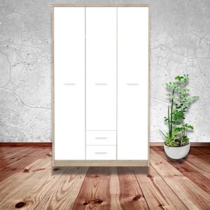 Toscohome 118,5x196,5h cm armoire en bois avec 3 portes et tiroirs en chêne sonoma et blanc - Nepo