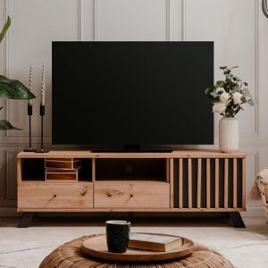 Toscohome Meuble TV 138x44h avec 2 tiroirs et porte avec compartiments ouverts coloris chêne et anthracite - Medan56A