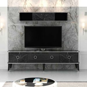 Toscohome Meuble TV 180 cm avec élément mural effet marbre noir et détails argentés - Bientv 180