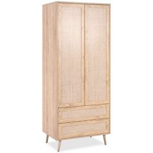 Toscohome Armoire 80x190h cm avec 2 portes et 2 tiroirs effet osier structure couleur chêne - Bali 60A