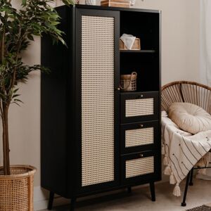 Toscohome Buffet 180x141h cm avec 3 tiroirs et porte effet raphia couleur noir - KUTA53