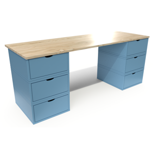 ABC MEUBLES Bureau long en bois 6 tiroirs Cube - - Vernis naturel/Bleu Pastel