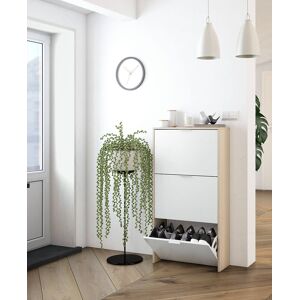 DMORA Meuble a chaussures Escondido, Meuble a chaussures avec 3 portes battantes, Armoire a double capacite pouvant contenir jusqu'a 18 paires de chaussures, 70x17h180 cm, Chene et blanc brillant