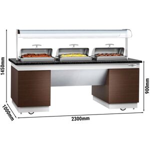 GGM Gastro - Comptoir buffet DUBLIN - 2300mm - avec 3 chafing dishes & roulettes Marron / Noir / Blanc - Publicité