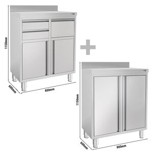 GGM GASTRO - 2x Armoires de travail pour la machine à café - 800x600mm - avec portes battantes, tiroirs, décrottoirs & rebords