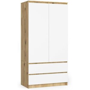 Armoire AKORD S90 Chêne Artisan 90 cm 2 portes 2 tiroirs façade Blanche 4 étagères 90x51x180 cm - Publicité