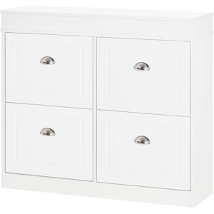 HOMCOM Armoire à chaussures meuble à chaussures rangement pour 32 paires dim. 98L x 24l x 83H cm 4 portes abattantes double niveau mdf blanc - Publicité