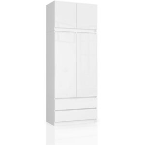 Akord - Armoire avec surmeuble S90 Blanche 90 cm 2 portes 2 tiroirs façade Blanche Brillante 6 étagères 90x51x234 cm - Publicité