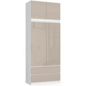 Akord - Armoire avec surmeuble S90 Blanche 90 cm 2 portes 2 tiroirs façade Cappuccino Brillant 6 étagères 90x51x234 cm - Publicité