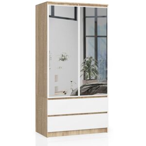 Armoire AKORD S90 avec miroir Chêne Sonoma 90 cm 2 portes 2 tiroirs façade Blanche 4 étagères 90x51x180 cm - Publicité