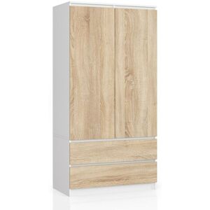 Armoire Akord S90 Blanche 90 cm 2 portes 2 tiroirs façade Chêne Sonoma 4 étagères 90x51x180 cm - Publicité