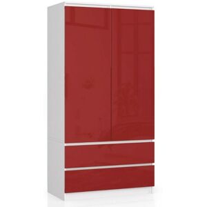 Armoire Akord S90 Blanche 90 cm 2 portes 2 tiroirs façade Rouge Brillante 4 étagères 90x51x180 cm - Publicité