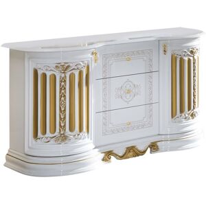 LES TENDANCES Buffet 2 portes 3 tiroirs bois vernis vernis laqué brillant brillant blanc et doré Lesly 134cm - Publicité