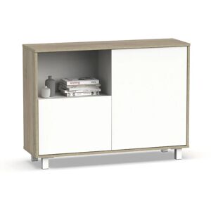 Pegane - Buffet, commode de salon coloris chêne cambrian, blanc - Longueur 112 x Profondeur 33 x hauteur 83 cm - Publicité