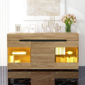 WISHDOR Buffet LED. 140 x 35 x 80 cm. 3 portes. 3 tiroirs. Commode moderne. Naturel - Chêne - Publicité