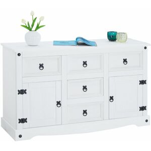 Idimex - Buffet rural commode bahut vaisselier en pin massif blanc avec 5 tiroirs et 2 portes, meuble de rangement style mexicain en bois - Blanc - Publicité