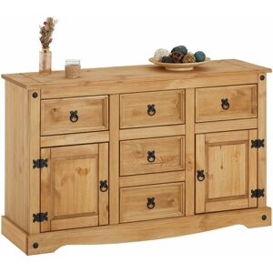 Idimex - Buffet salsa commode bahut vaisselier en bois style mexicain avec 2 portes et 5 tiroirs, en pin massif finition teintée/cirée - Naturel - Publicité