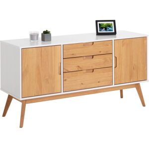 Idimex Buffet tivoli design vintage scandinave nordique commode bahut vaisselier 3 tiroirs 2 portes, pin massif finition blanc/bois teinté - Blanc/Brun - Publicité