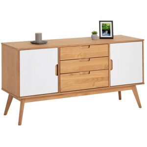 Idimex - Buffet tivoli design vintage scandinave nordique commode bahut vaisselier 3 tiroirs 2 portes, pin massif finition bois teinté/blanc - brun/blanc - Publicité