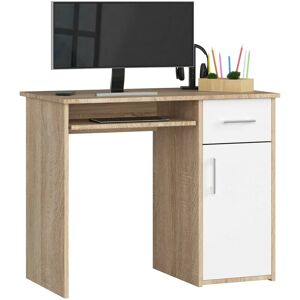 Akord - Bureau d'ordinateur pin Chêne Sonoma 90 cm 1 porte 1 tiroir façade Blanche 3 étagères 90x50x74 cm - Publicité