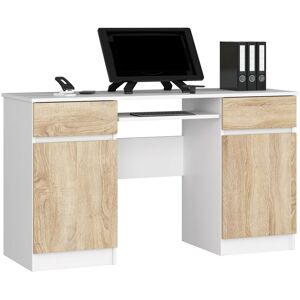 Bureau d'ordinateur Akord A5 Blanc 135 cm 2 portes 2 tiroirs façade Chêne Sonoma 5 étagères 135x50x77 cm - Publicité