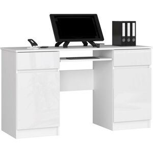 Akord - Bureau d'ordinateur A5 Blanc 135 cm 2 portes 2 tiroirs façade Blanche Brillante 5 étagères 135x50x77 cm - Publicité