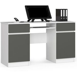 Bureau d'ordinateur Akord A5 Blanc 135 cm 2 portes 2 tiroirs façade Gris Graphite 5 étagères 135x50x77 cm - Publicité