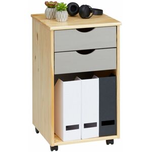 Idimex Caisson de bureau kano, meuble de rangement sur roulettes avec 2 tiroirs et 1 niche, en pin massif naturel et gris - Naturel/Gris - Publicité