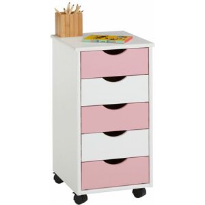 Idimex Caisson de bureau lagos meuble de rangement sur roulettes avec 5 tiroirs, en pin massif lasuré blanc et rose - Blanc/Rose - Publicité