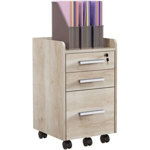 HOMCOM Caisson de bureau rangement bureau sur roulettes 3 tiroirs 1 verrouillable 1 trieur dossiers mdf panneaux chêne clair - Beige - Publicité