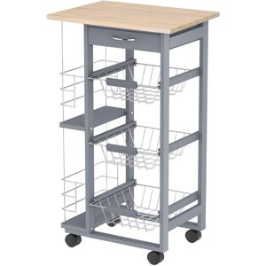 Homcom - Chariot de service desserte de cuisine à roulettes multi-rangements 3 paniers métal tiroir + 2 range-bouteilles bois pin gris - Gris - Publicité