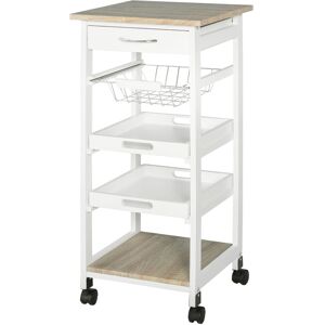 HOMCOM Chariot de service desserte de cuisine à roulettes panier + 2 plateaux amovibles, tiroir, étagère mdf chêne clair bois pin blanc - Blanc - Publicité