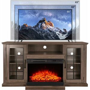 M.C.HAUS Cheminée Electrique en Verre à 3 Côtés avec Support tv, pour tv Jusqu'à 144cm81cm, Lumières led, Armoires Farmhouse à Portes en Verre, Minuterie et Chauffage Réglables, 149.9cm, Marron… - Publicité