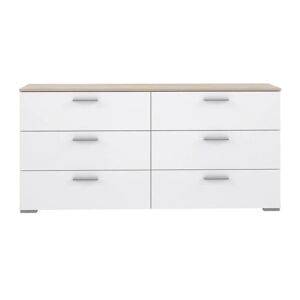 Commode 6 tiroirs - Decor chene et blanc mat - L 159,9 x P 41,3 x H 75,8 cm - BASJANA - Blanc - Publicité