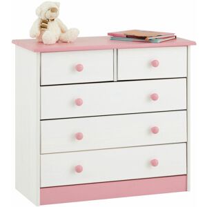 - Commode de chambre rondo meuble de rangement avec 5 tiroirs, en pin massif lasuré blanc et rose - Blanc/Rose
