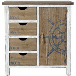 Pegane - Commode en bois sapin motif marin avec 4 tiroirs et 1 portes - Largeur 70 x Hauteur 76,5 x Profondeur 35cm - Publicité