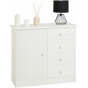 - Commode en pin massif blanc rondo buffet meuble de rangement avec 4 tiroirs et une porte - Blanc