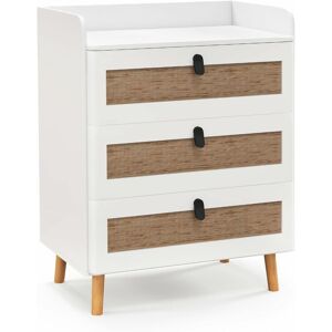 COSTWAY Commode 3 Tiroirs, Commode Chambre Adulte Pieds en Bois Massif, Poignée Noir Design, Tiroir en Rotin Bohème, Petite Commode Scandinave, Blanc (3 - Publicité