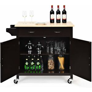 Costway - Desserte de Cuisine/Chariot de Cuisine sur roulettes Plateau en Bois d'hévéa, Porte-Serviettes, 2 Tiroirs 1 Armoire Fermée 110x48x90cm Brun - Publicité